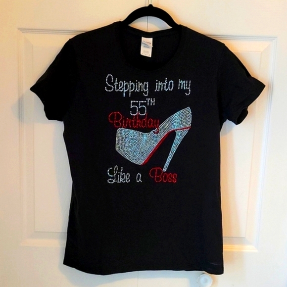 55th BIRTHDAY Short Sleeve Bling Black Tee Shirt in EUC Women's L - Picture 2 of 12